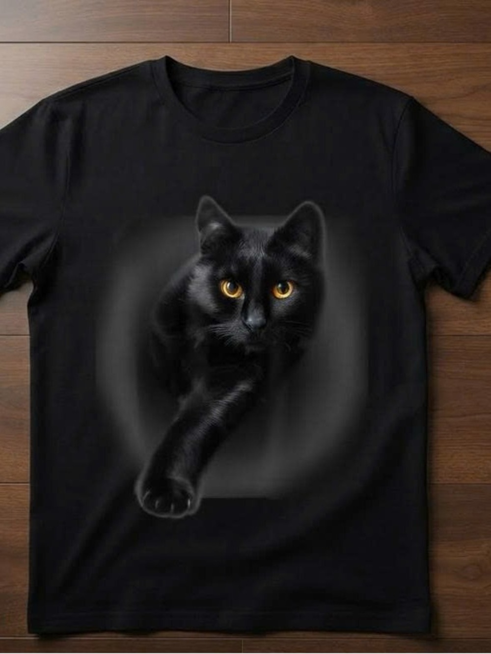 Black Tee with Amber-Eyed Black Cat Graphic
